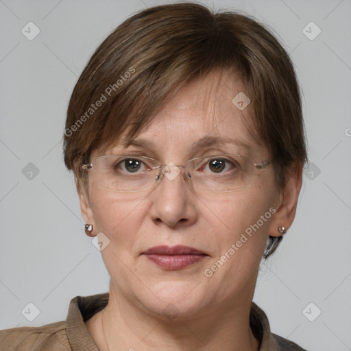 Joyful white adult female with medium  brown hair and grey eyes