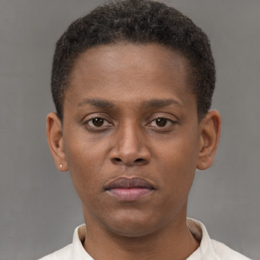 Neutral black young-adult male with short  brown hair and brown eyes