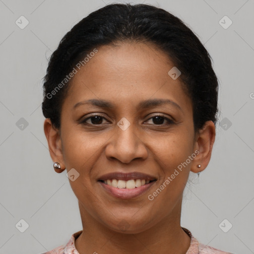 Joyful latino young-adult female with short  brown hair and brown eyes