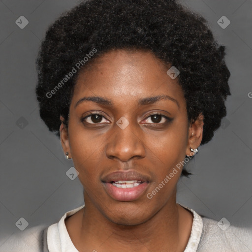 Neutral black young-adult female with short  black hair and brown eyes