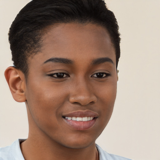 Joyful black young-adult female with short  brown hair and brown eyes