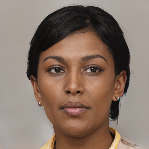Neutral black young-adult female with medium  black hair and brown eyes