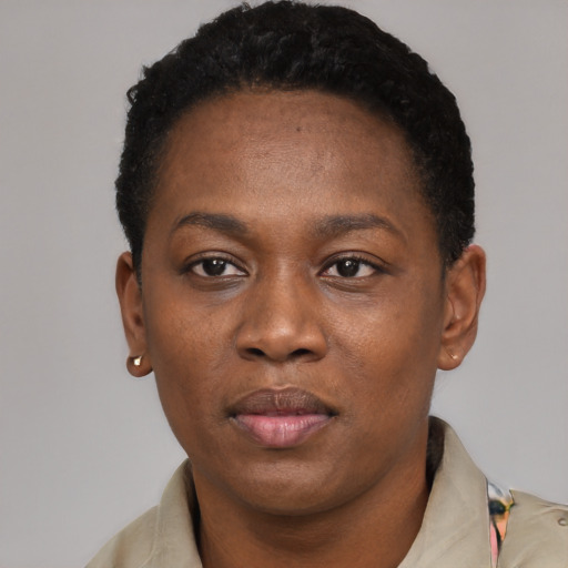 Neutral black adult female with short  black hair and brown eyes