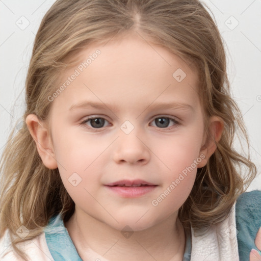 Neutral white child female with medium  brown hair and grey eyes