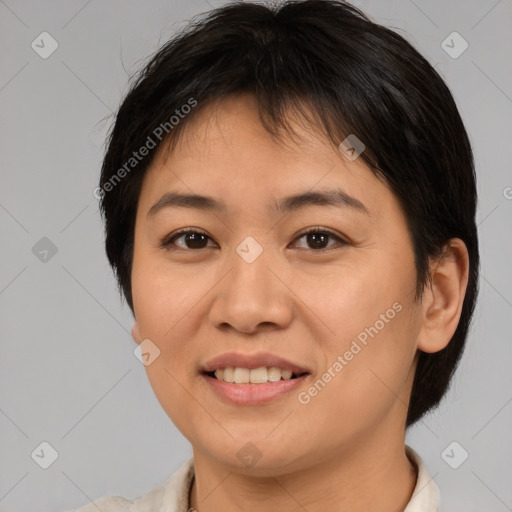 Joyful asian young-adult female with medium  brown hair and brown eyes