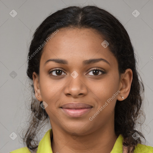 Joyful black young-adult female with medium  brown hair and brown eyes