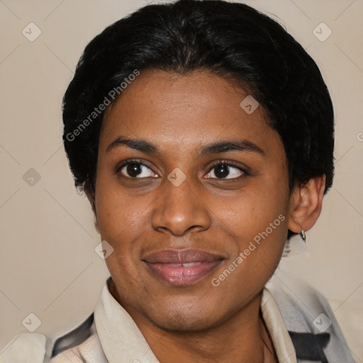 Joyful black young-adult female with short  black hair and brown eyes