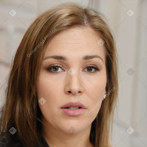 Neutral white young-adult female with long  brown hair and brown eyes