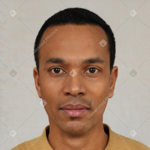 Neutral black young-adult male with short  black hair and brown eyes