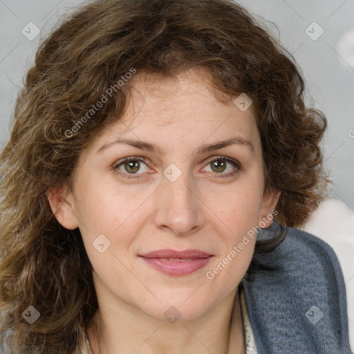 Joyful white young-adult female with medium  brown hair and green eyes