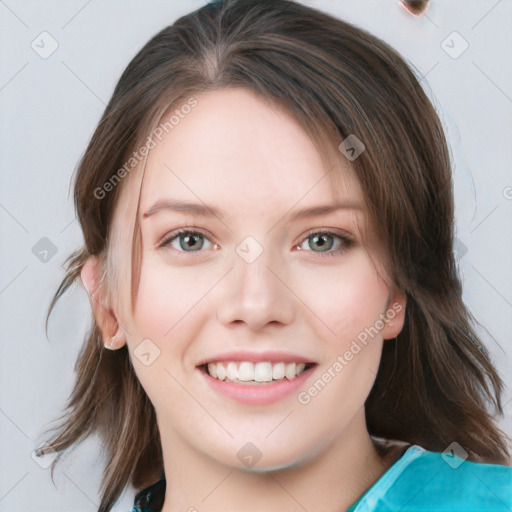 Joyful white young-adult female with medium  brown hair and blue eyes