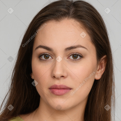 Neutral white young-adult female with long  brown hair and brown eyes