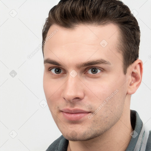 Neutral white young-adult male with short  brown hair and brown eyes