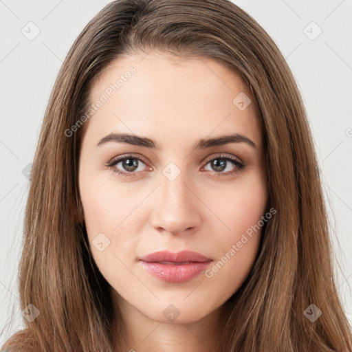 Neutral white young-adult female with long  brown hair and brown eyes