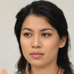 Neutral asian young-adult female with long  brown hair and brown eyes