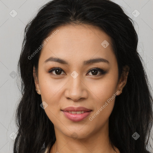 Joyful latino young-adult female with long  brown hair and brown eyes