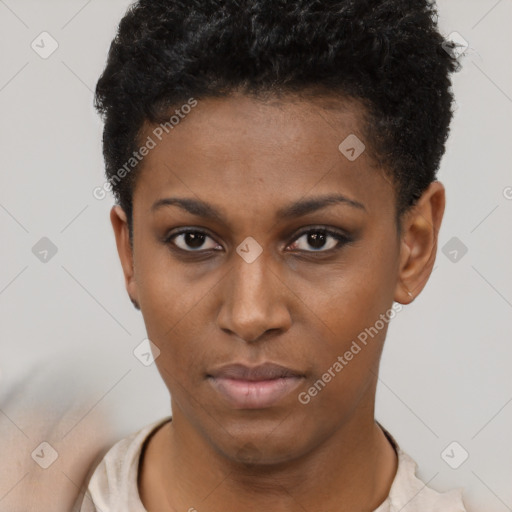 Neutral black young-adult female with short  brown hair and brown eyes