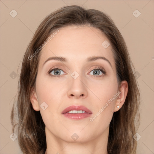 Neutral white young-adult female with long  brown hair and grey eyes