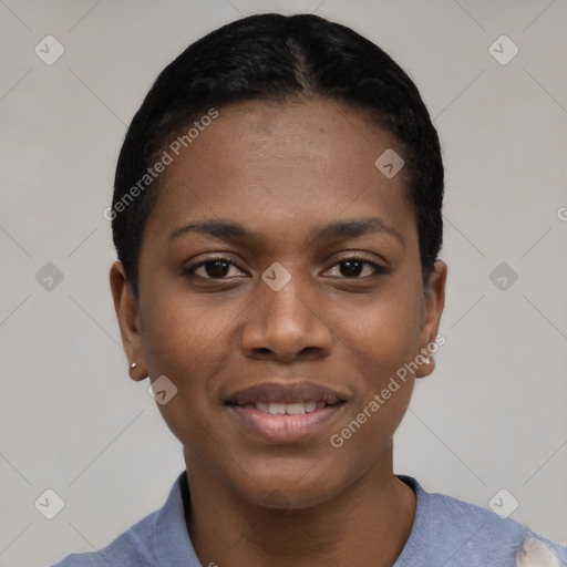 Joyful black young-adult female with short  black hair and brown eyes