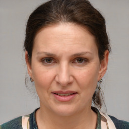 Joyful white adult female with medium  brown hair and grey eyes