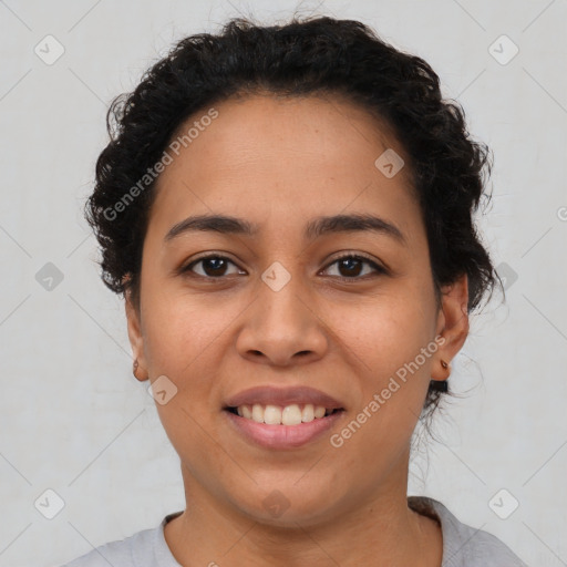 Joyful latino young-adult female with short  brown hair and brown eyes