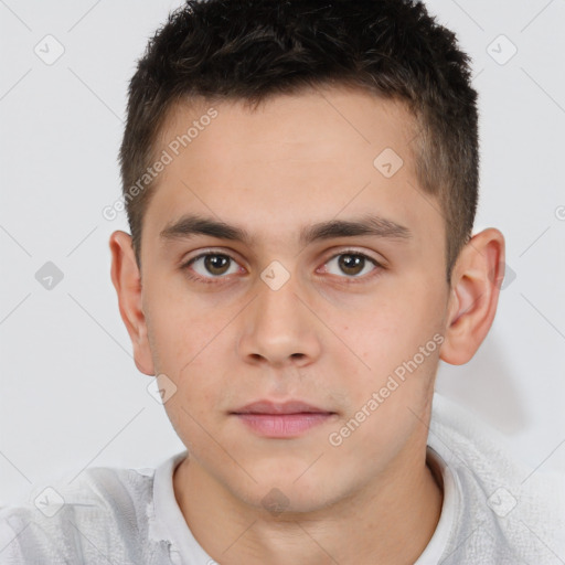 Neutral white young-adult male with short  brown hair and brown eyes