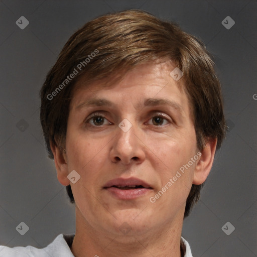 Neutral white adult female with short  brown hair and brown eyes