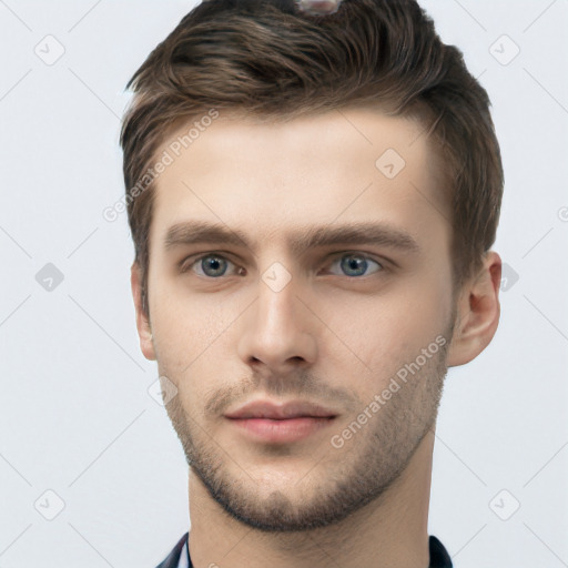 Neutral white young-adult male with short  brown hair and grey eyes