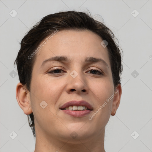 Joyful white young-adult female with short  brown hair and brown eyes