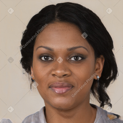 Joyful black young-adult female with medium  black hair and brown eyes