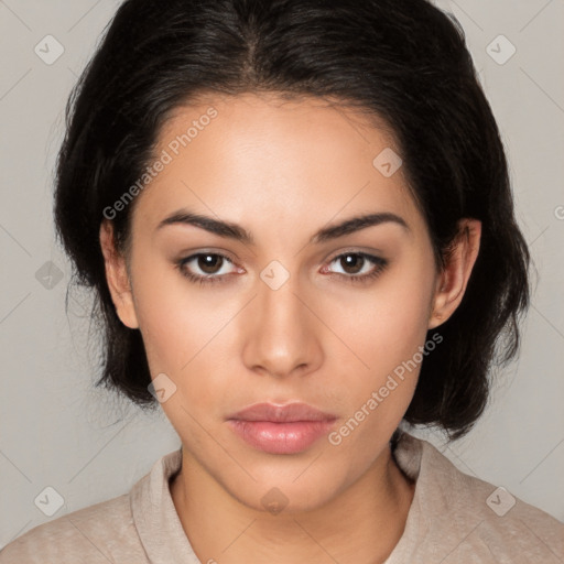 Neutral latino young-adult female with medium  brown hair and brown eyes