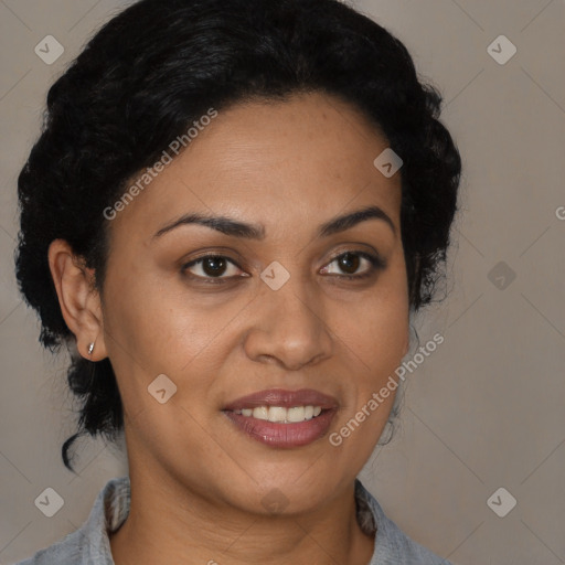Joyful latino young-adult female with short  brown hair and brown eyes