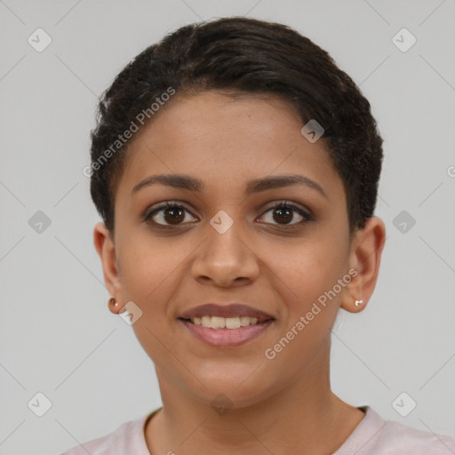 Joyful latino young-adult female with short  brown hair and brown eyes