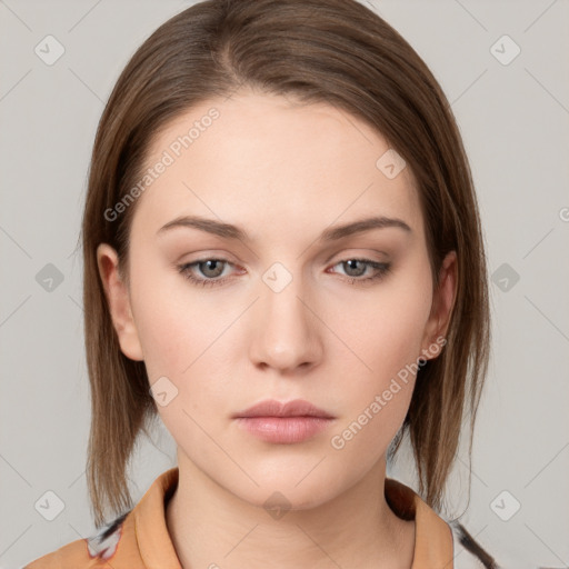 Neutral white young-adult female with medium  brown hair and grey eyes