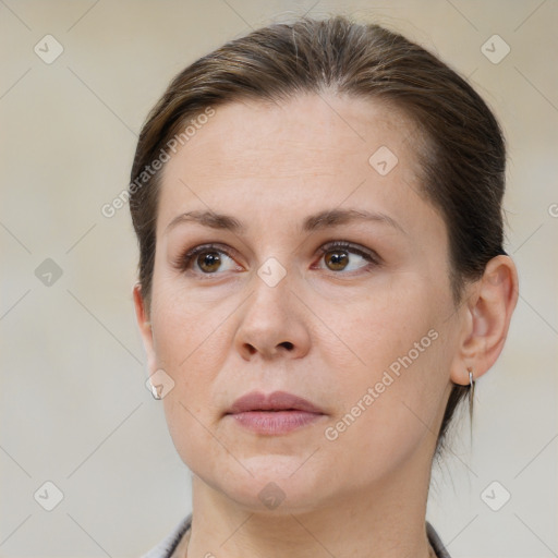 Neutral white young-adult female with short  brown hair and brown eyes