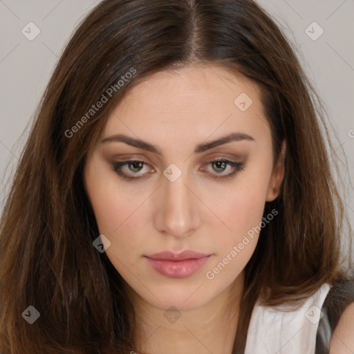 Neutral white young-adult female with long  brown hair and brown eyes