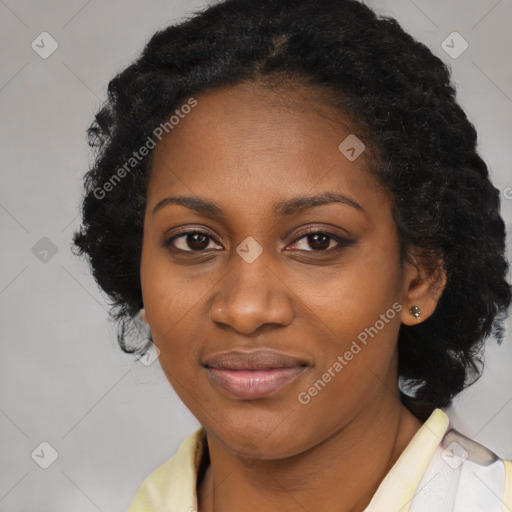 Joyful black young-adult female with medium  black hair and brown eyes