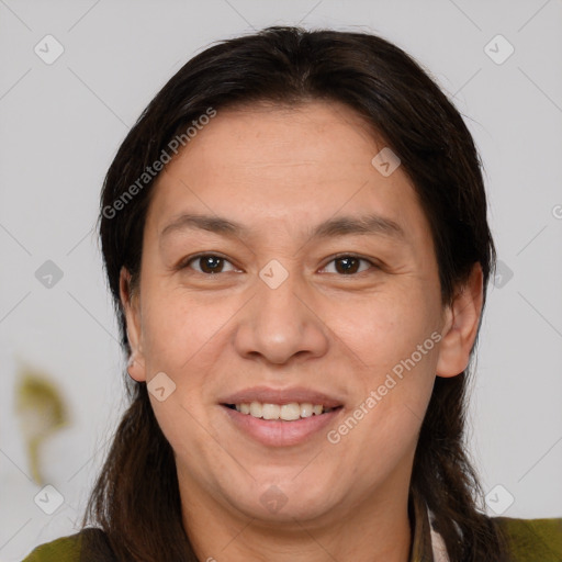 Joyful white adult female with medium  brown hair and brown eyes