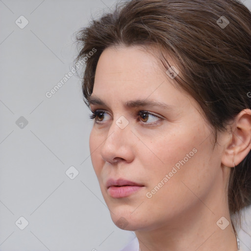 Neutral white young-adult female with medium  brown hair and brown eyes