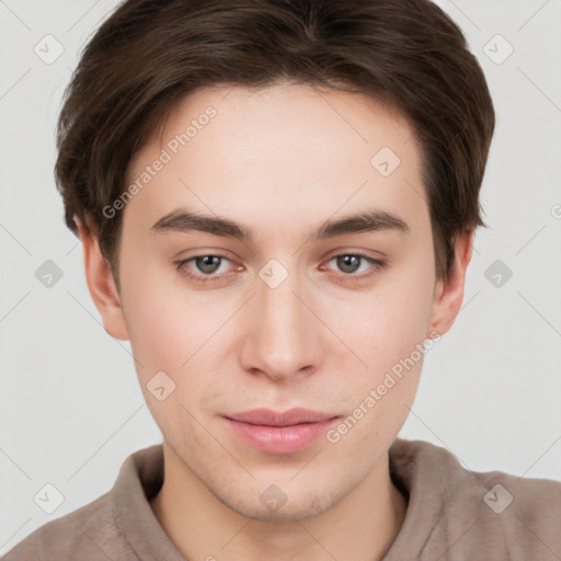 Neutral white young-adult male with short  brown hair and brown eyes