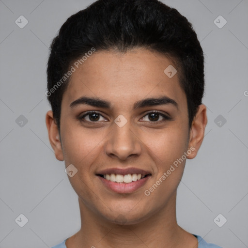 Joyful white young-adult female with short  brown hair and brown eyes