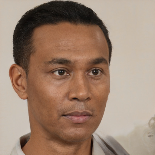 Neutral latino adult male with short  black hair and brown eyes