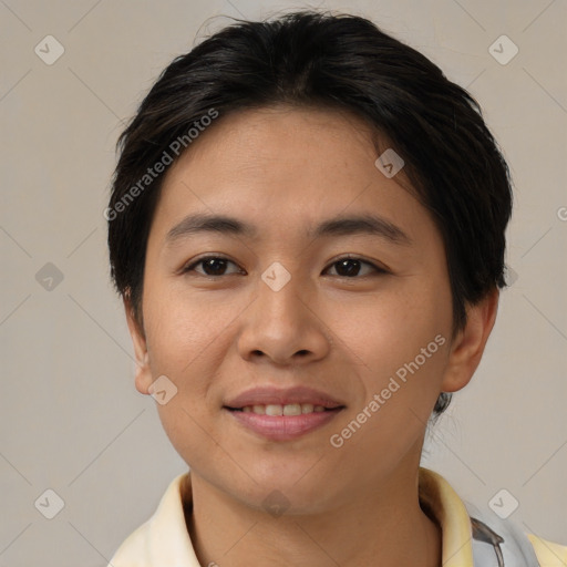 Joyful asian young-adult female with short  brown hair and brown eyes
