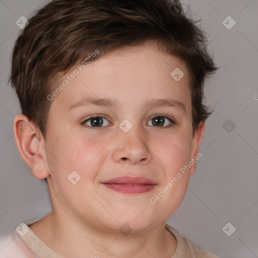 Joyful white child female with short  brown hair and brown eyes