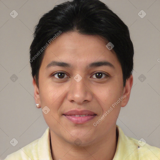 Joyful white young-adult female with short  brown hair and brown eyes