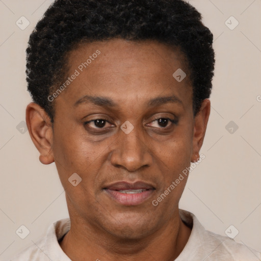 Joyful latino adult female with short  brown hair and brown eyes
