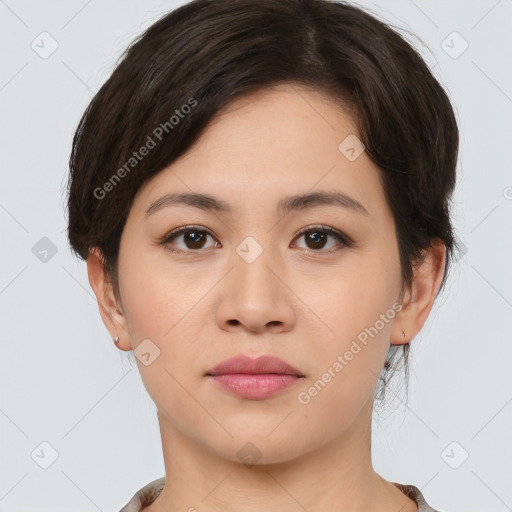 Neutral white young-adult female with medium  brown hair and brown eyes