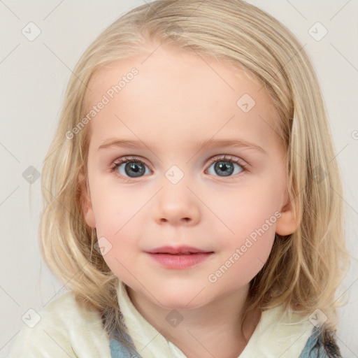 Neutral white child female with medium  brown hair and blue eyes