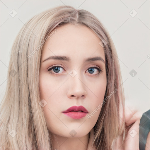 Neutral white young-adult female with long  brown hair and grey eyes