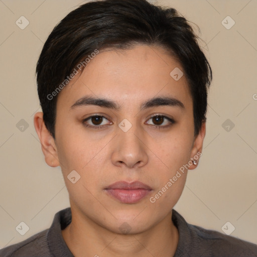 Neutral white young-adult female with short  brown hair and brown eyes